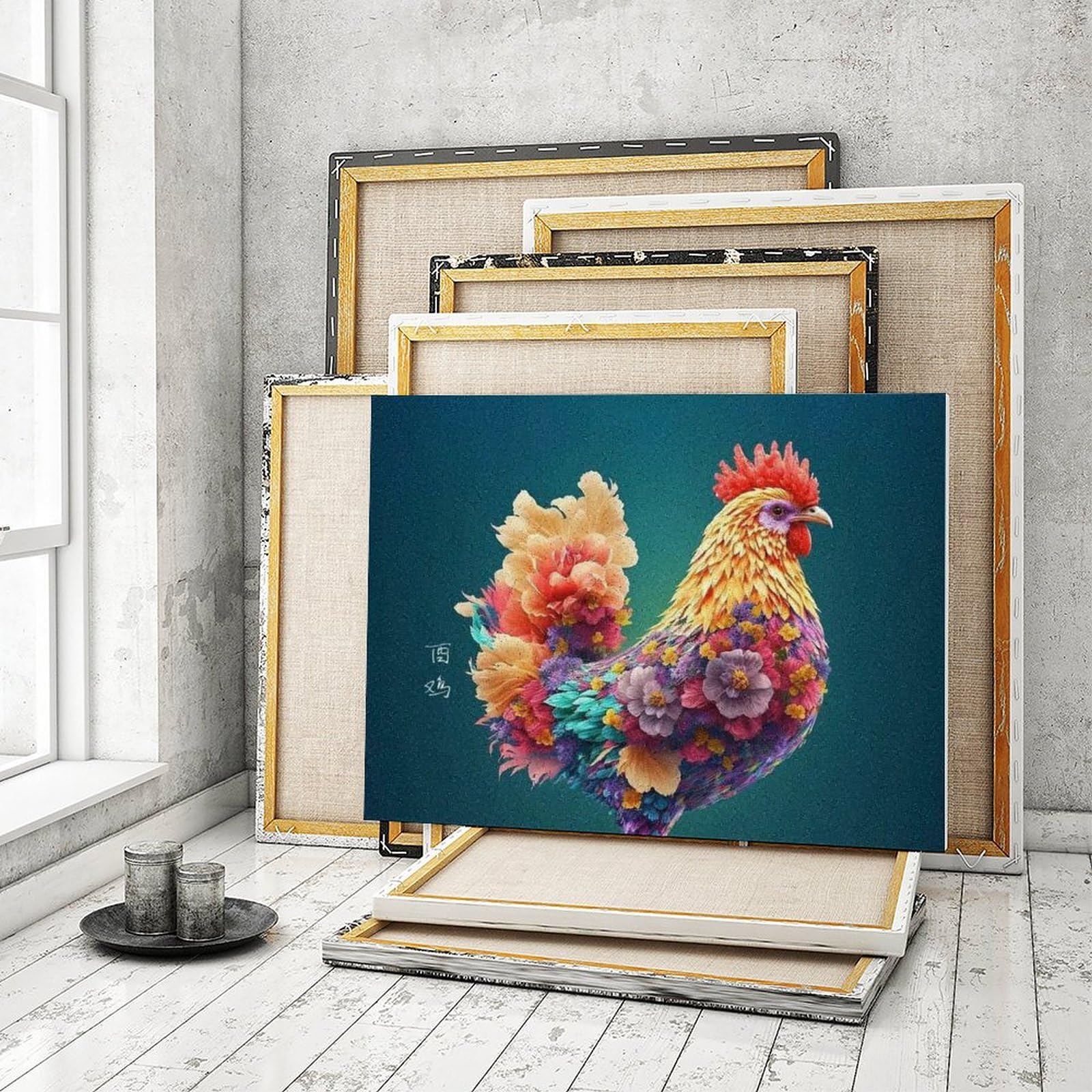 Amazon | 花で作られたカラフルな鶏 数字油絵 カラフルな動物の